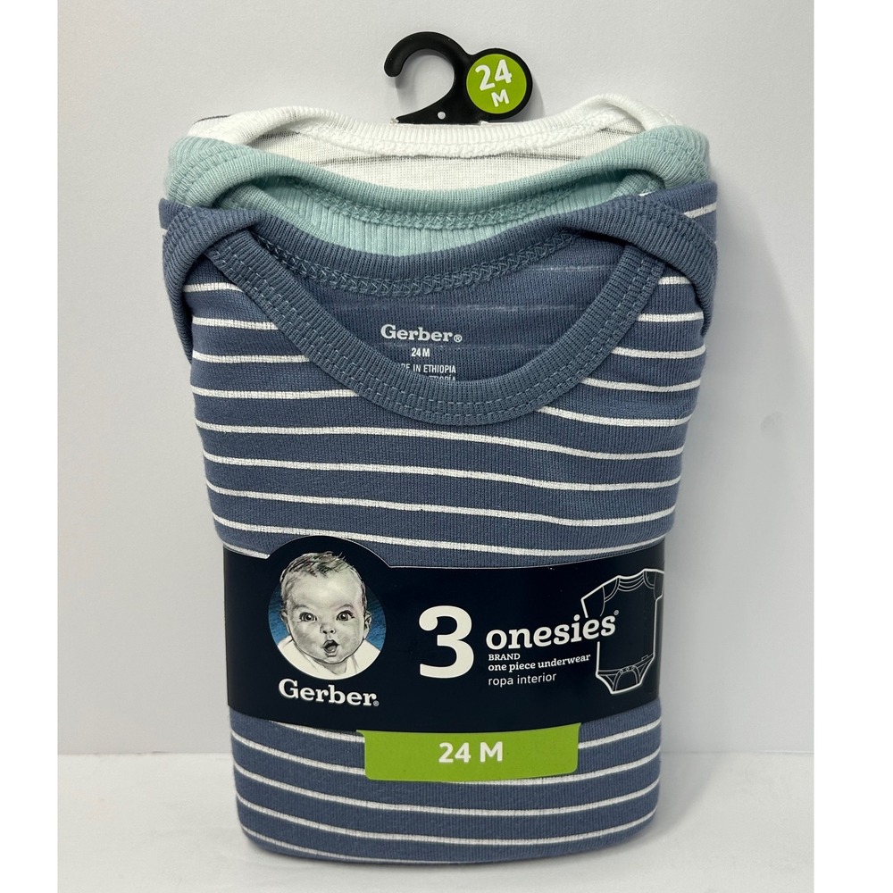 Gerber 3 Pack Blue White Striped Onesies Bodysuits 24M New 100% Cotton